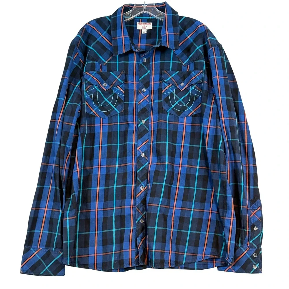 True Religion Mens 3XL Blue Orange Plaid Western Button Down Horseshoe Shirt Y2K